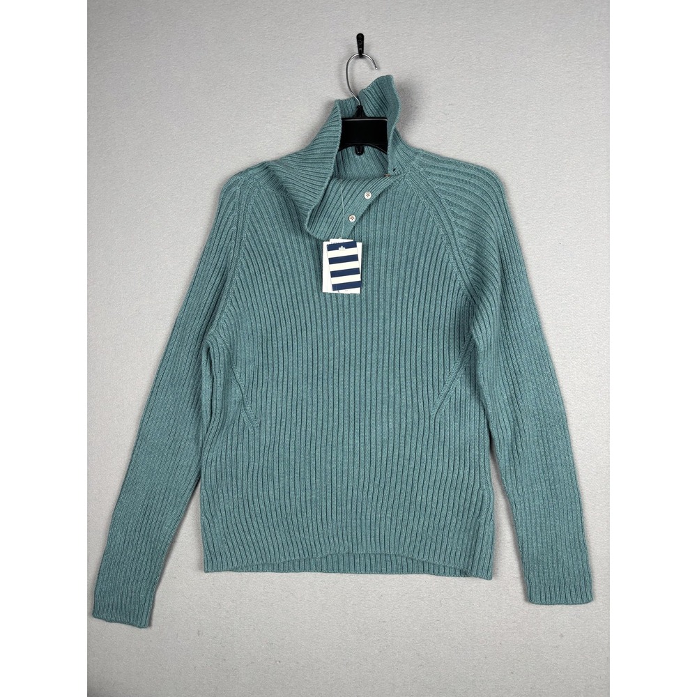Lands' End Sweater Womens Large Green Wool Ribbed Button Turtleneck USA